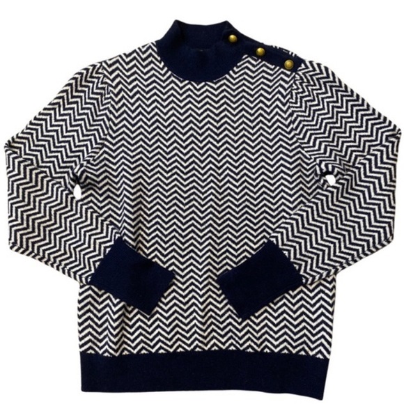 J. Crew button-detail mockneck sweater navy ivory herringbone | S - Picture 2 of 10
